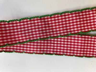 Embroidered green edge check red and white fabric ribbon 1" Christmas - Image 1 of 2