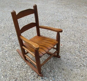 Vintage Rustic Slat Oak Wood Child Rocking Chair Ladder Back - Picture 1 of 24