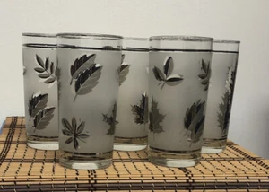 Set of 5 Vintage Frosted Silver Leaf Water Tumbler 12 oz. 5 1/2" Tall - Picture 1 of 9