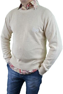 ARMANI Mens Vtg 80s Ivory Knit Thin Front Logo Classic Jumper Sweater sz S/M L67 - Picture 1 of 10