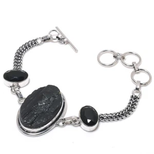 Roher schwarzer Turmalin Onyx Edelstein versilbert Kette Armband Schmuck 7-8 Zoll - Bild 1 von 1