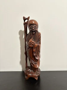 Vintage Antique Chinese Carved Wood Happy Wise Old Man w/ Staff Statue Figurine - Picture 1 of 6