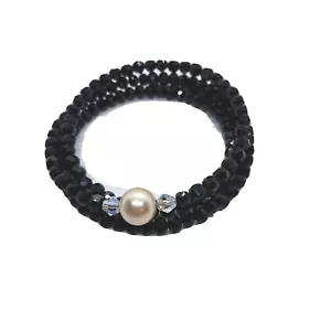 Handmade Artisan Memory Wire Wrap Bracelet, Faux Pearl, Black Crystals, women - Picture 1 of 3