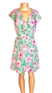 Gianni Bini Dress Size Small Green Pink Floral Ruffle Wrap Feminine Dainty Event - Picture 1 of 9