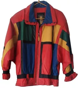 GIII Carl Banks Giacca Bomber Vintage Pelle Blocco Colore Taglia S - Foto 1 di 8