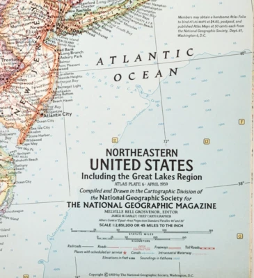 1959 Northeastern United States Map National Geographic 24.75 x 19" F13G - Image 1 of 3