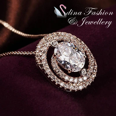 18K Rose Gold Filled Made With SWAROVSKI Crystal Shiny Triple Halo Oval Necklace - Image 1 of 4