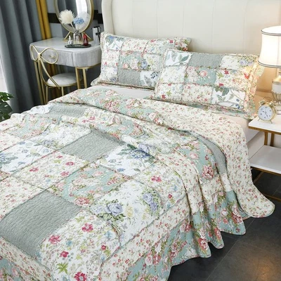 Queen Size Patchwork Quilts Cotton Green Country Floral Quilted Comforter Set... - Image 1 of 4