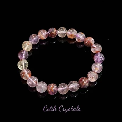 Amethyst Rutilated Quartz Bracelet 9-10mm Natural Stones Unisex - Image 1 of 4