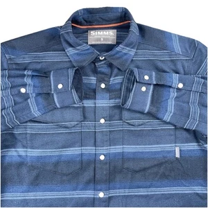 Simms Gallatin Fishing Western Flannel Shirt Pearl Snap Long Sleeve Men's S Blue - Picture 1 of 19