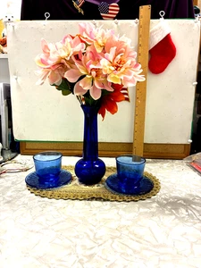CHRISTMAS SALE EARLY BIRD SALE 3 PIECE COLLECTION COBALT BLUE GLASS VASE & CUP+ - Picture 1 of 4