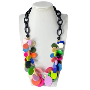 Chunky Beaded Necklace Black Lucite Chain Multicolor Tabs Post Modern Statement - Picture 1 of 11