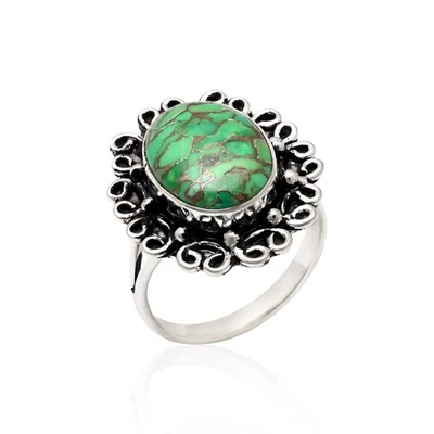 Anello In Argento Sterling 925 Per Donne Con Gemma Di Turchese Verde E Rame - Immagine 1 di 4