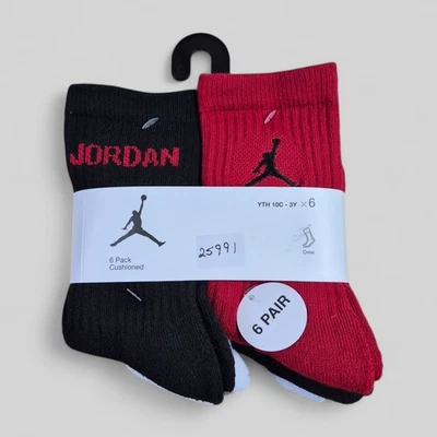 NIKE JORDAN Boys Socks Crew Jumpman Basketball Youth 6 Pair Shoe Size 10C-3Y - Image 1 of 4