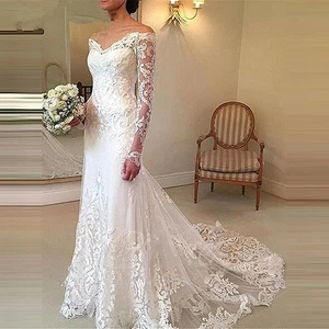 Elegant Mermaid Wedding Dresses V-Neck Long Sleeves Lace Appliques Bridal Gowns - Picture 1 of 9