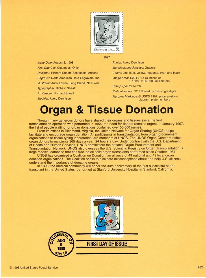 1998 USPS 32¢ ORGAN AND TISSUE DONATION #9824 on Archival Paper - Image 1 of 1