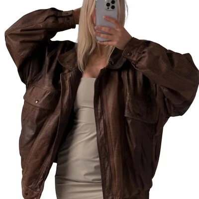 Women Real Lambskin Leather Jacket Oversize Distressed Brown Fashion Outerwear - Image 1 of 4