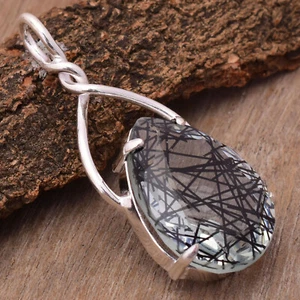 Nero Rutilato Quarzo Gemma 925 Argento Sterling Fatto a Mano Ciondolo EN-65 - Foto 1 di 5