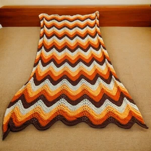 Afghan Blanket Handmade Vintage Burnt Orange MCM 80" x 34" Wave Pattern - Picture 1 of 5