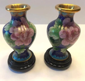 Paar Vintage Jingfa Cloisonne Vasen mit Blumen, Kirschbaum blau Emaille - Bild 1 von 8