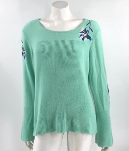 St Johns Bay Womens Sweater XXL Mint Green Blue Floral Embroidered Bell Sleeve - Picture 1 of 4