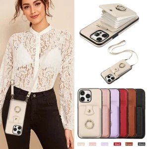 For iPhone 17 16E 15 13 12 11 7 Magnetic Leather Card Wallet Bag Case W/ Lanyard - Picture 1 of 31