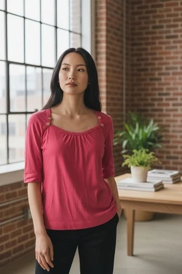 Lilla Talla P Rosa Manga 3/4 Cuello Redondo 100% Algodón Talla L Botón Acentos  Foto 1 de 3