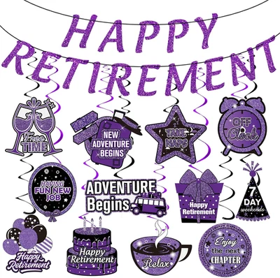 Purple Retirement Party Decorations - Happy Banner, 12 Pcs Black Hanging Swirls  - Image 1 of 4