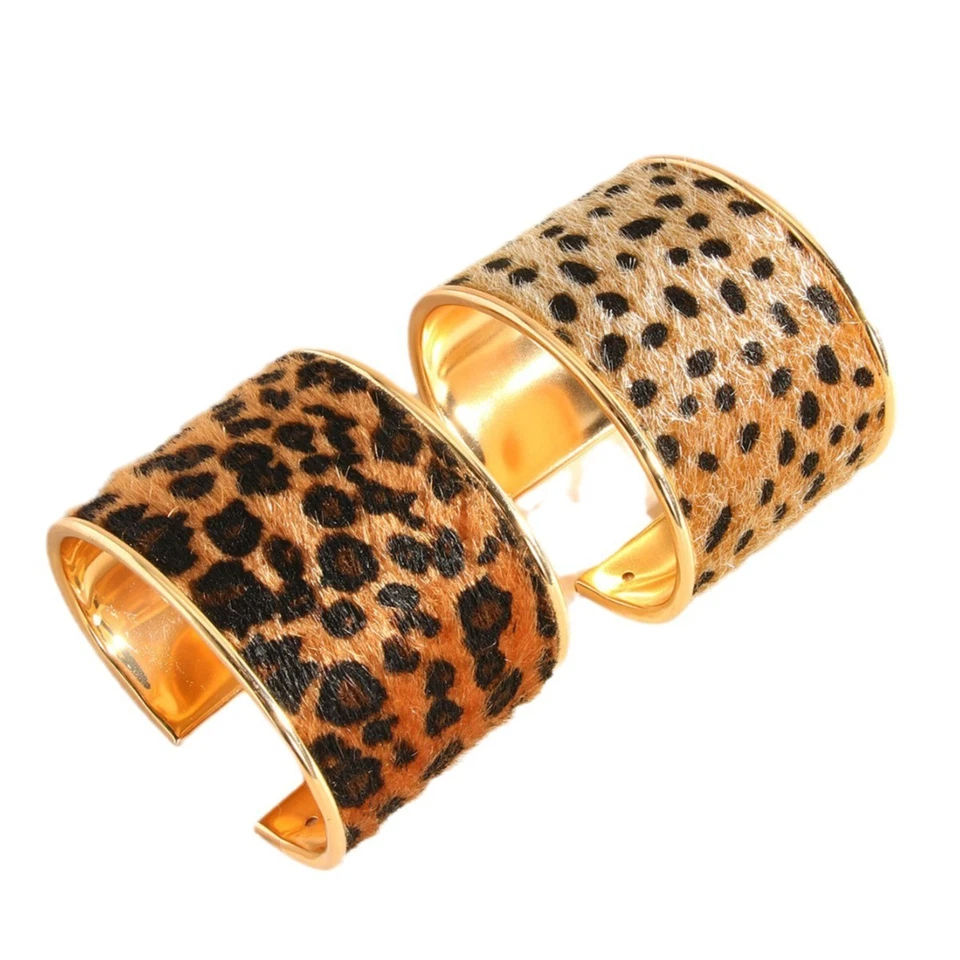 Juego de 2 piezas de brazalete ancho de leopardo guepardo tono dorado estampado animal peludo boho Foto 1 de 4