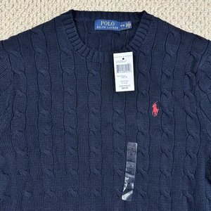 NEW Polo Ralph Lauren Sweater Mens M Navy Fisherman Cable Knit Crewneck Red Pony - Picture 1 of 12