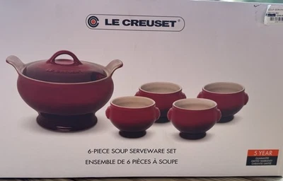 Le Creuset EXCEPTIONAL FIND NEW Set 3QT Cerise Soup Tureen w/ 4-20oz Soup Bowls! - Image 1 of 4