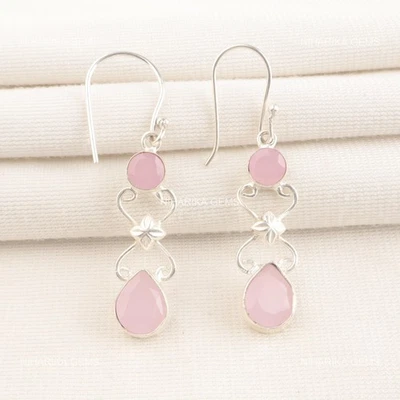 925 Rosa Argento Calcedonio Gemma Goccia Sorella Art Déco Gancio Orecchini Gioie - Immagine 1 di 4