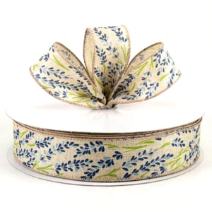 Blue Texas Bluebonnet 1.5" by 2 yd Beige Wired Ribbon Spring Summer Floral - Picture 1 of 2