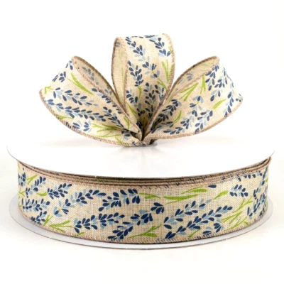 Blue Texas Bluebonnet 1.5" by 4 yd Beige Wired Ribbon Spring Summer Floral - Image 1 of 2
