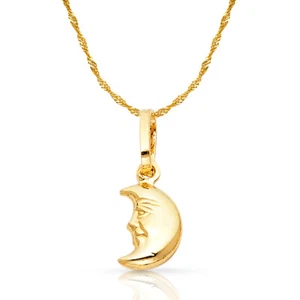 14K Yellow Gold Half Moon Face Charm Pendant with 0.9mm Singapore Chain Necklace - Picture 1 of 4