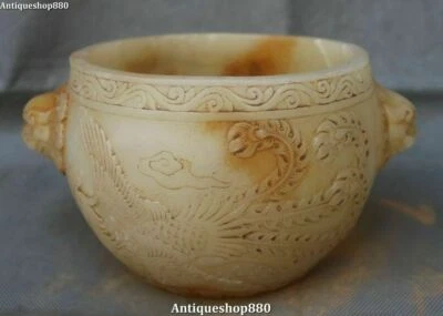 Jarra jarra de barro 9" rara antigua tallada de jade dinastía Fénix pájaro cabeza de león Foto 1 de 4