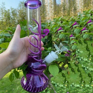 10 Zoll lila leuchten im Dunkeln Glas Bong Tabakblase Rauchen Wasserpfeife mit Schüssel - Bild 1 von 10