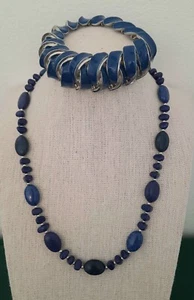 CHAPS ROYAL BLUE STONE & SILVER NECKLACE W/BLUE ENAMEL & SILVER STRETCH BRACELET - Picture 1 of 8