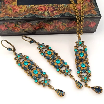 Michal Negrin Set Blue Crystals Earrings Necklace Dramatic Cocktai Statement Box - Image 1 of 4