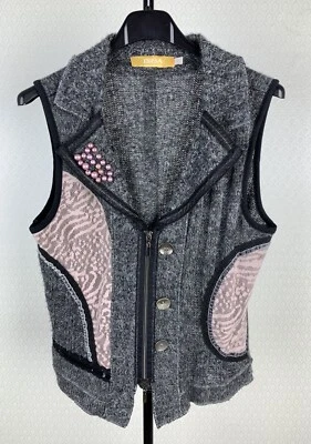 BiBA Damen Gr. S hübsche Strickweste Spitze Weste grau rosa schwarz Perlen 9C3 - Bild 1 von 4