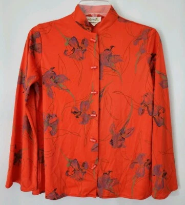 Blusa blusa floral vintage Rhoda Lee vermelha tamanho 8 botões asiáticos de bambu - Imagem 1 de 4