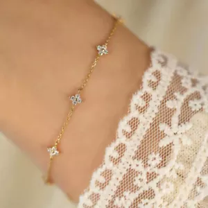 Sterling Silver Gold Plated Four Leaf Clover Bracelet for Women Christmas Gift - Picture 1 of 7