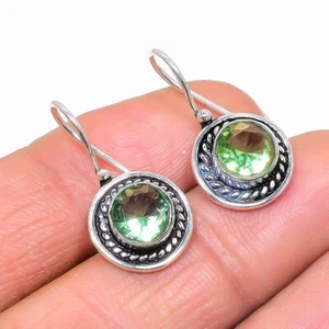 Green Amethyst Gemstone Handmade 925 Sterling Silver Jewelry Earring Size 1" - Picture 1 of 1