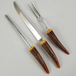 Corona Crest Intaglio Set 3pz Coltello Forchetta Acciaio Finto Manici Corna Inghilterra Vintage - Foto 1 di 6