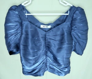 Do + Be Iridescent Cropped Top Womens Medium Blouse Blue Balloon Sleeves EUC - Picture 1 of 12