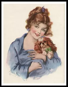 CAVALIER KING CHARLES SPANIEL & LADY VINTAGE STYLE A4 SIZE DOG ART PRINT POSTER - Picture 1 of 1