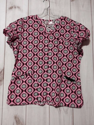 White Cross Scrub Top Ladies Large Pink Black Snowflake - Image 1 of 4