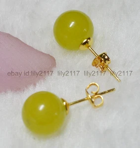 Fashion Jewelry 10mm Peridot Round Bead Gemstone Gold Stud Earrings - Picture 1 of 5
