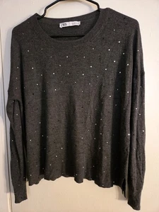 Zara Mujer S Gris Suéter Talla L Con Estrás Transparente Y Negro  - Imagen 1 de 5