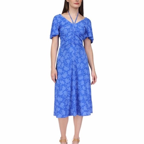 Abito midi Michael Kors stampa floreale increspato blu greco nuovo con etichette vendita al dettaglio $ 165 PM